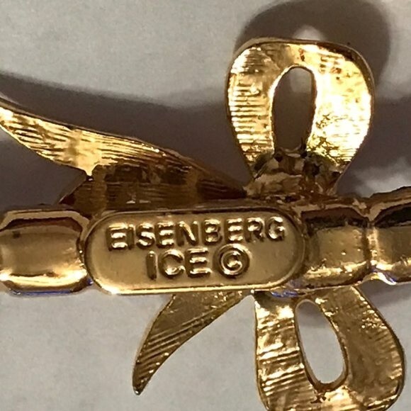 EISENBERG ICE Gold Tone Christmas Holiday Candy Cane VINTAGE Brooch Rhinestones - Picture 3 of 3